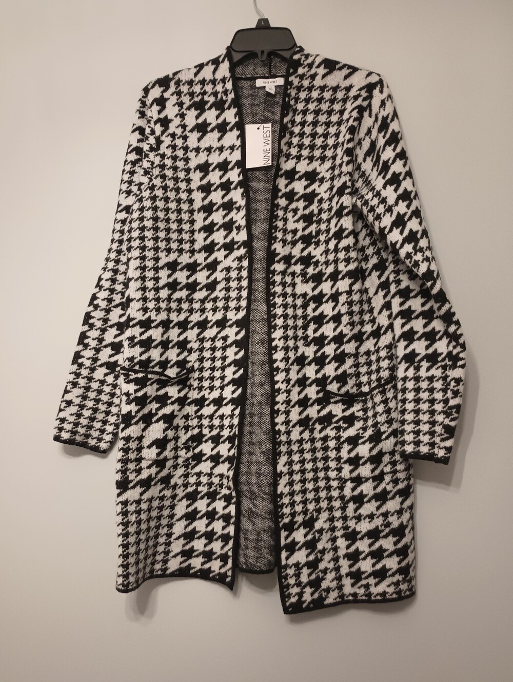 Nine West Houndstooth Open-Front Long Cardigan M